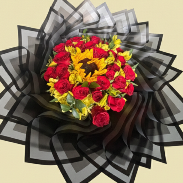 Ramo con Girasol Central y 24 Rosas