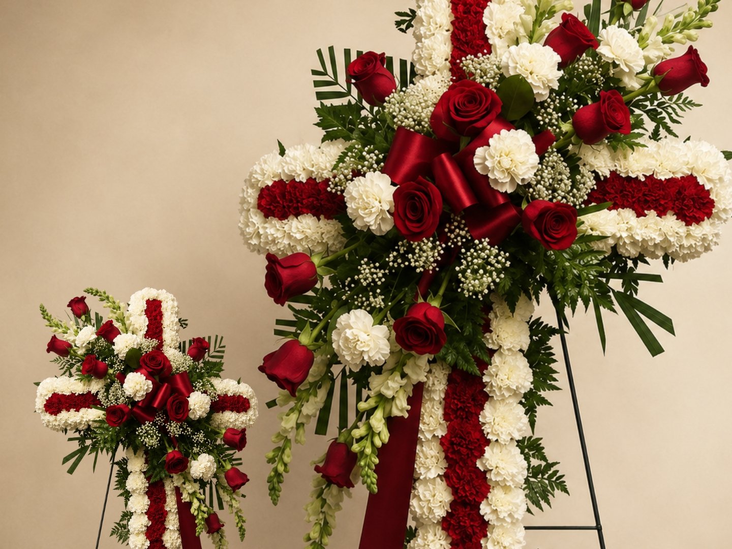 Arreglo Funerario en Forma de Cruz con Perritos Blancos