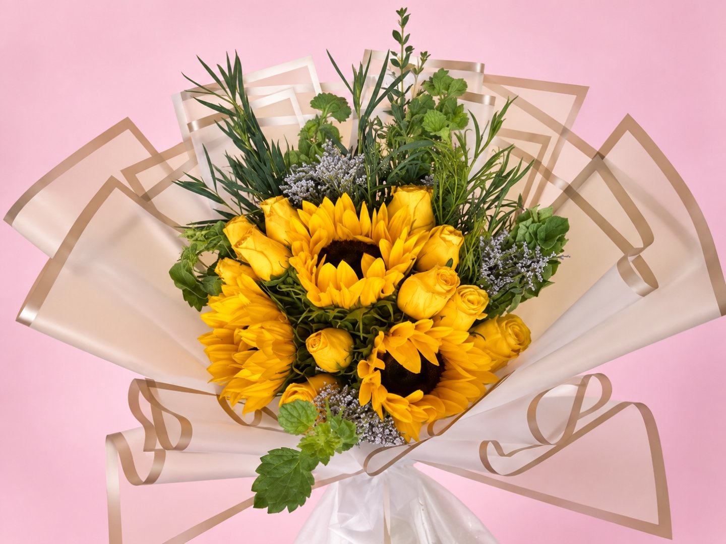 Ramo de 12 Rosas con 3 Girasoles