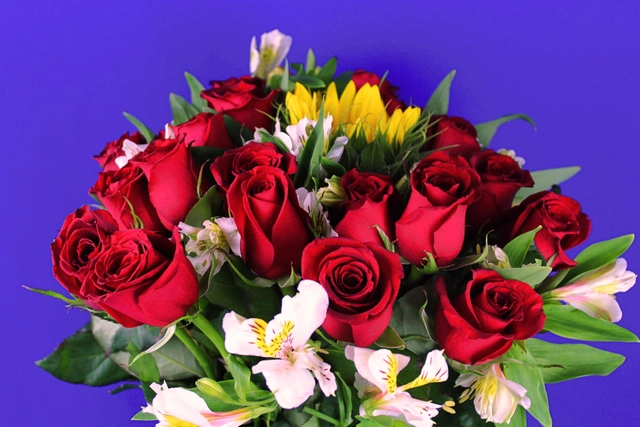 Jarrón de vidrio con 24 Rosas rojas y un Girasol