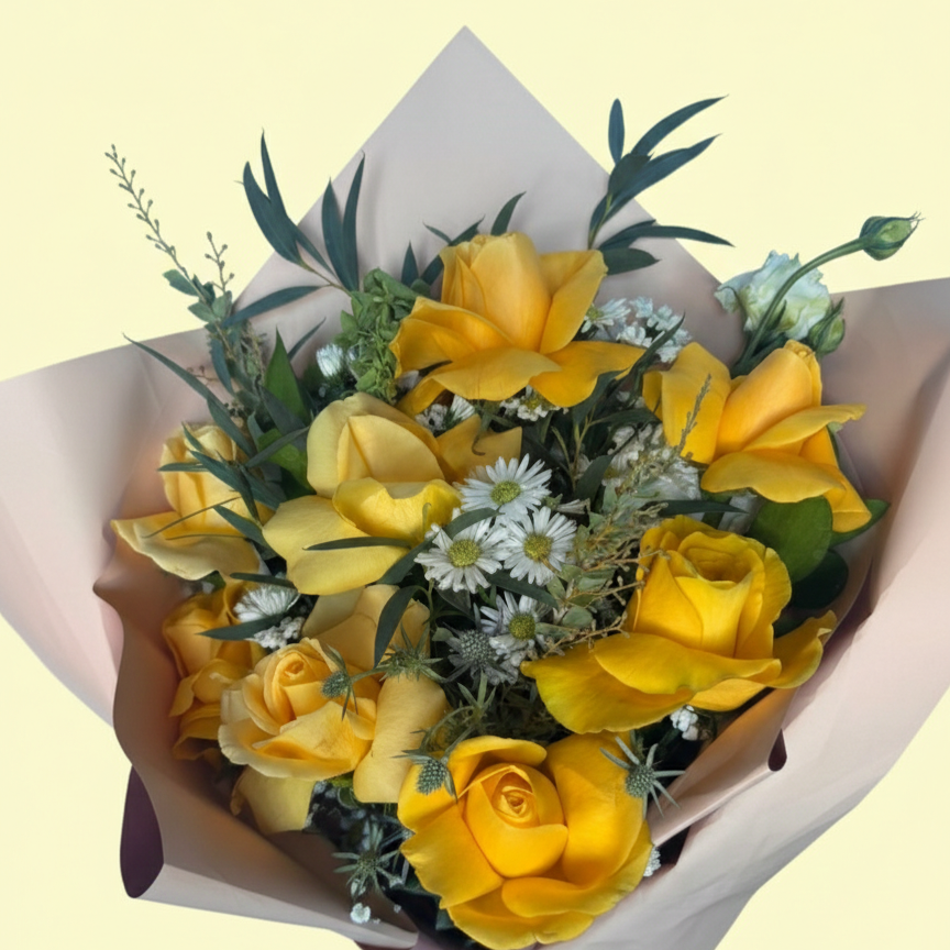 Ramo de 8 Rosas amarillas con un Licianthus Blanco