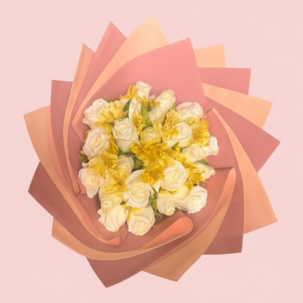 Ramo de 24 Rosas Blancas con Alstromelia Amarilla