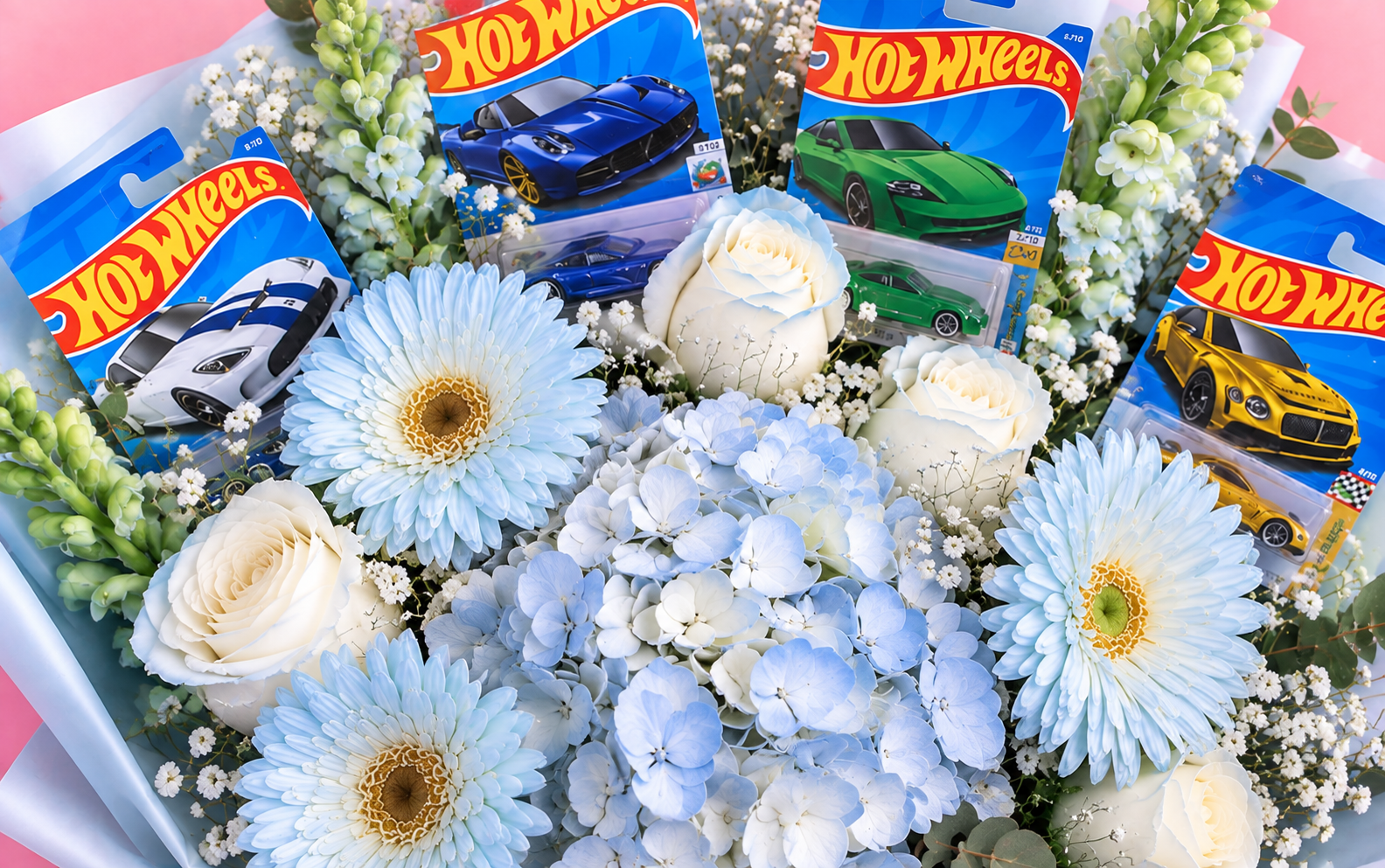 Ramo de flores para hombre con hot wheels.