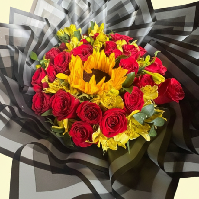 Ramo con Girasol Central y 24 Rosas