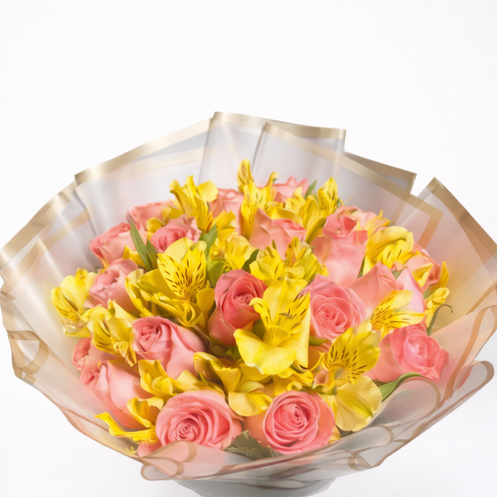 Ramo de 24 Rosas Rosas con alstromelia amarilla