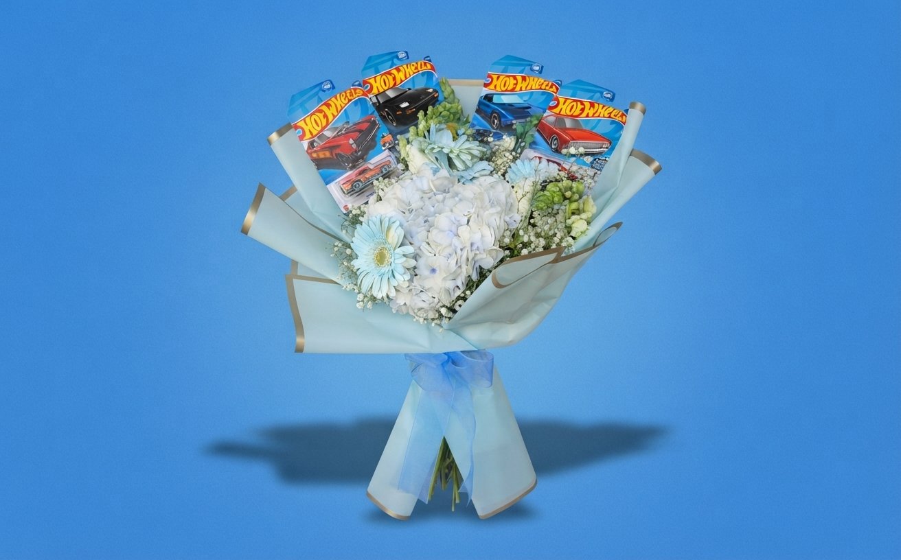 Ramo de flores para hombre con hot wheels.