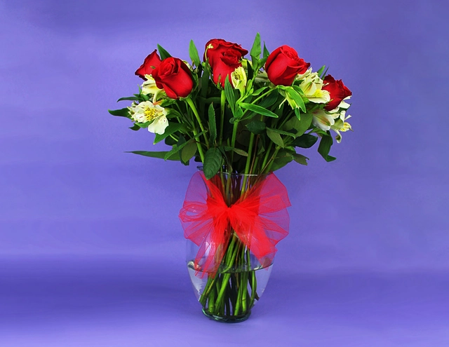 Florero con 14 Rosas Rojas y Alstroemeria