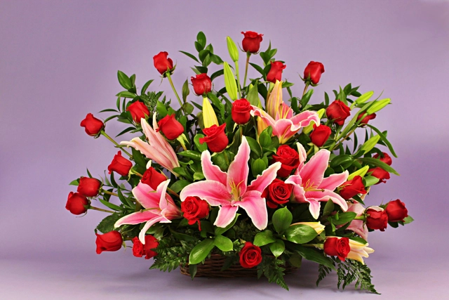 Canasta con 36 Rosas Rojas y Stargazer