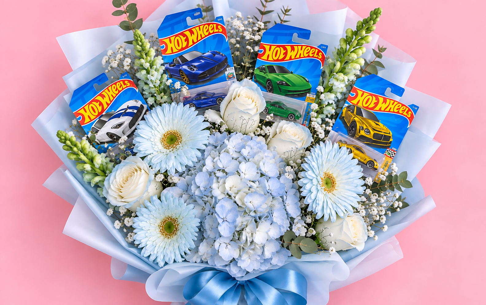 Ramo de flores para hombre con hot wheels.