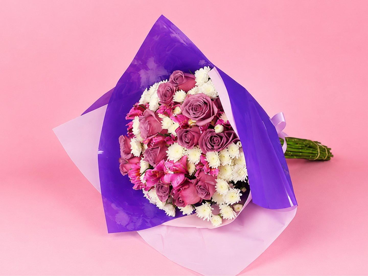 Ramo de 24 Rosas y Alstromerias Fucsia con Argentina